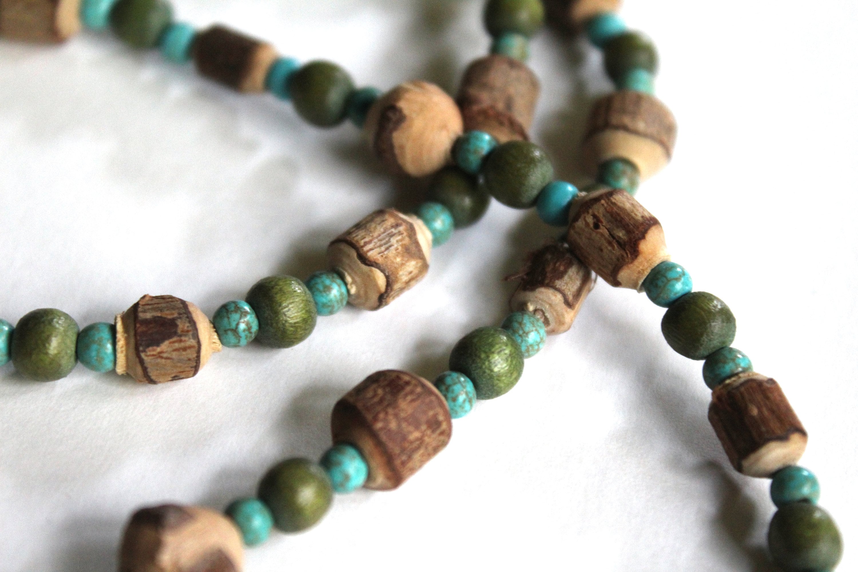 Rustic Bead Necklace, Carved Wood Long Double Up Necklace, Brown Green ...