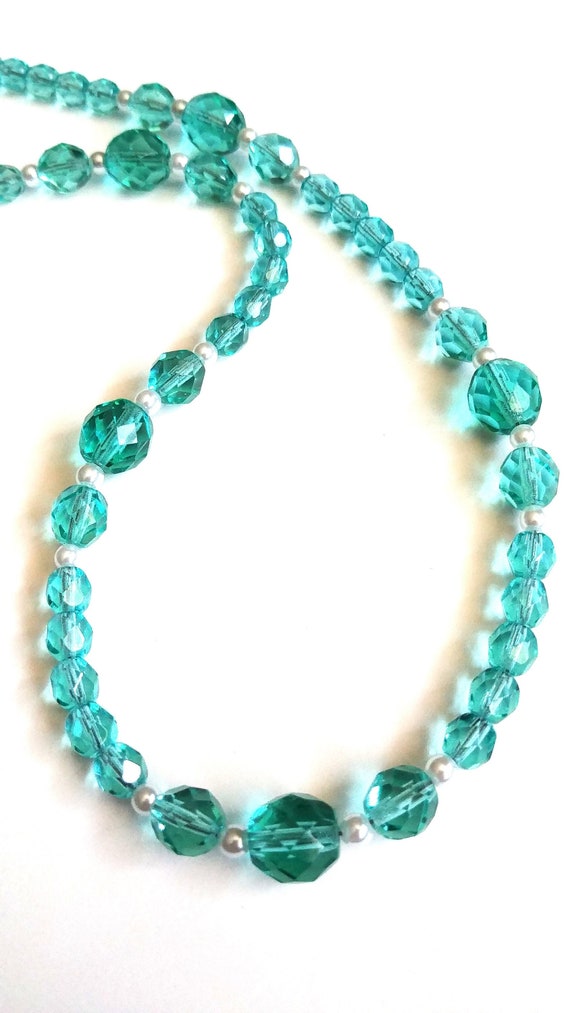 Light Aqua Blue Faceted Glass Bead Necklace, 20 inches