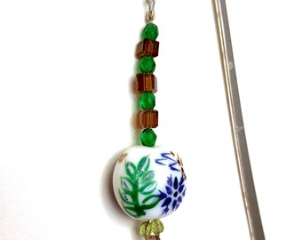 Beaded Gift Idea, Metal Bookmark, Green and Purple Beaded Bookmarker, Unique Metal Bookmark for that Book Lover
