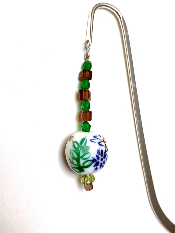 Beaded Gift Idea, Metal Bookmark, Green and Purple Beaded Bookmarker, Unique Metal Bookmark for that Book Lover