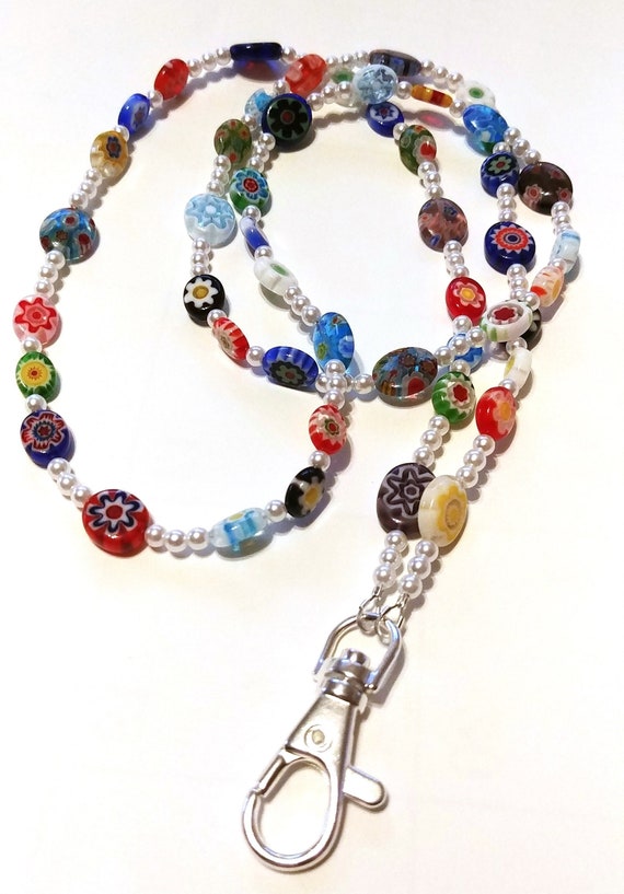 Id Badge Lanyard, Rainbow Colorful Millefiori Bead Lanyard