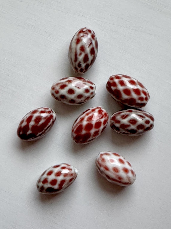 Porcelain Brownish-Red and White Beads with approximately 2mm Hole, Pack of 8 beads