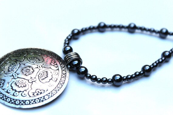 Large Silver Pendant, Black Bead Necklace, Short Statement Necklace