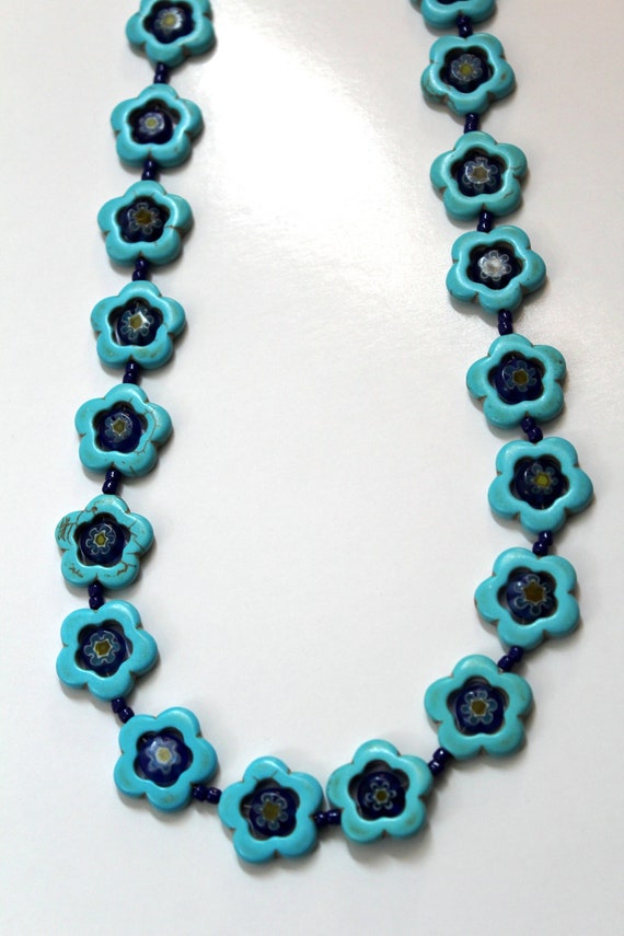 Turquoise Blue Necklace with Millefiori Beads, Chunky Bead Flower Jewelry