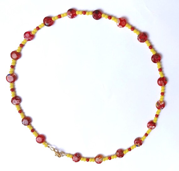 Choker Necklace, Yellow and Red Tiny Bead Millefiori Minimalist Jewelry