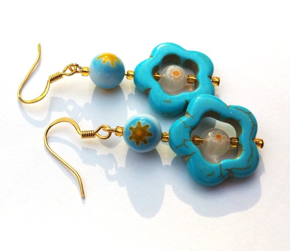 Turquoise Flower Bead Earrings