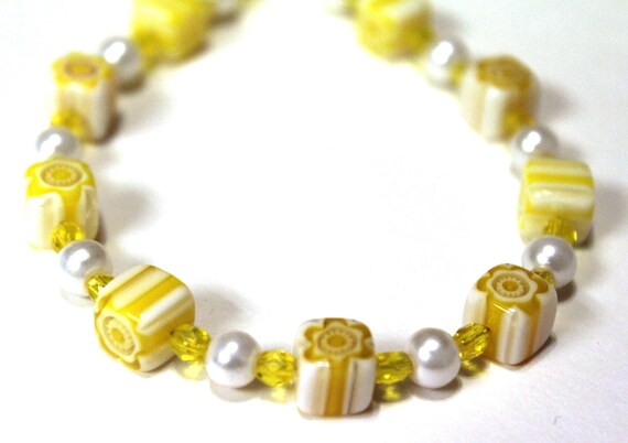 Yellow Bead Bracelet, Chunky Millefiori Bracelet