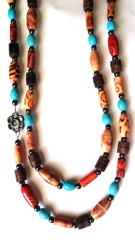 Long Boho Necklace, Brown and Turquoise Rope Length Wood Bead Wrap Necklace