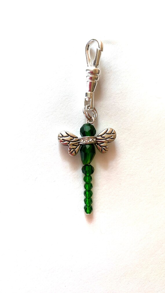 Green Dragonfly Charm Clip for Keychain, Lanyard, Purse or Zipper Pull