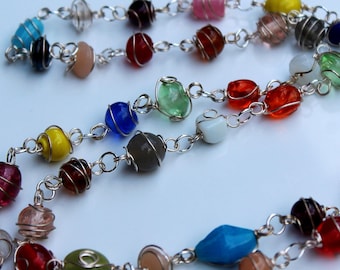 Colorful Glass Bead Necklace, Wire Wrapped Stone Link Necklace