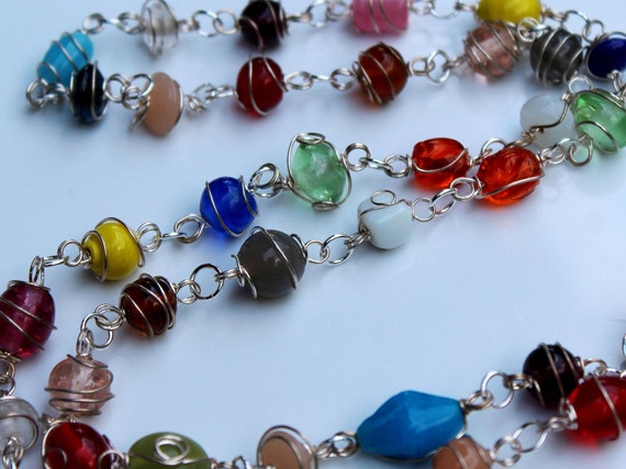 Colorful Glass Bead Necklace, Wire Wrapped Stone Link Necklace
