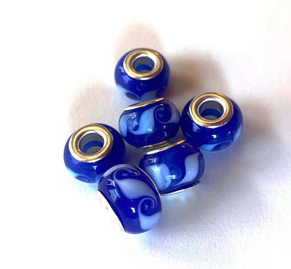 Blue Wave Design Lampworked Glass Large Hole Grommet Beads