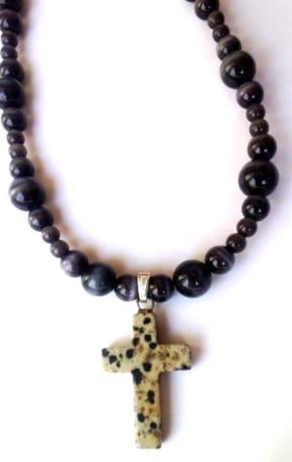 Black Beaded Cross Pendant Necklace, Speckled Cross, Faith Religious Jewelry