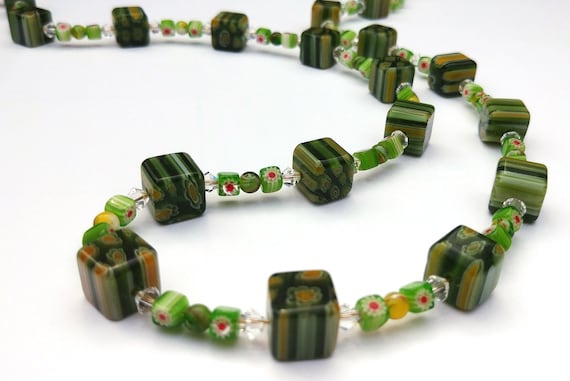 Green Millefiori Bead Necklace with Crystals, 18 inches