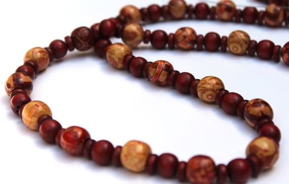 Wood Bead Necklace, Red and Tan