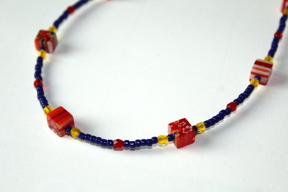 Short Minimalist Bead Necklace, Blue & Red Tiny Bead Jewelry, Millefiori