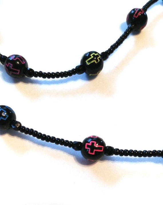 Black Bead Chain for Glasses, Small Bead Eyeglass Chain with Cross Beads