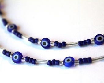 Short Necklace with Evil Eye Beads, Blue Jewelry