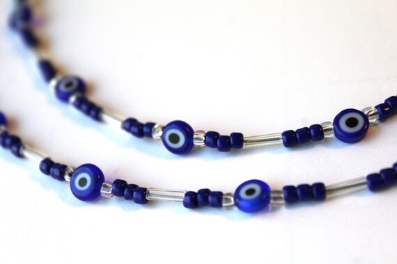 Short Necklace with Evil Eye Beads, Blue Jewelry