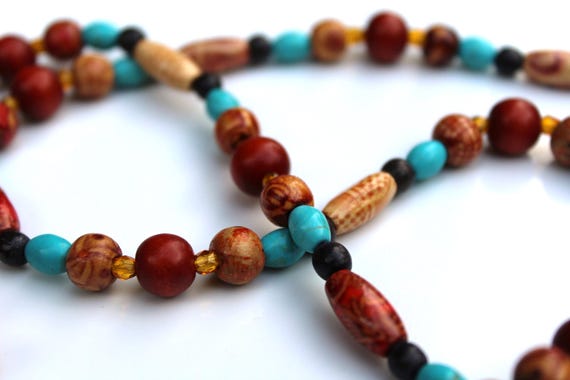 Wood Beaded Necklace: Brown Turquoise Boho Jewelry Set