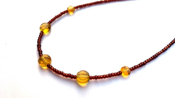 Tiny Brown Bead Necklace with Golden Faceted Coin Beads