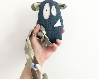Upcycled denim soft monster plush toy handmade long legs upcycled camouflage textile
