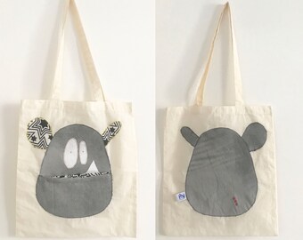 DENIM Tote bag with pocket Monster tote bag with pocket mouth upcycled bag - recycled denim eco tote bag