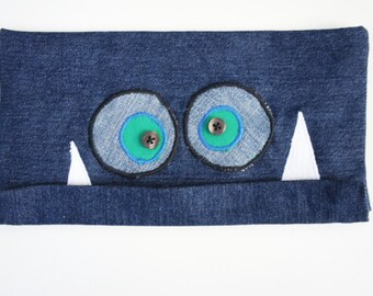 Etui Pen Eating Monster Blue Denim Pouch Back-To-School sustainable upcycled denim gift child