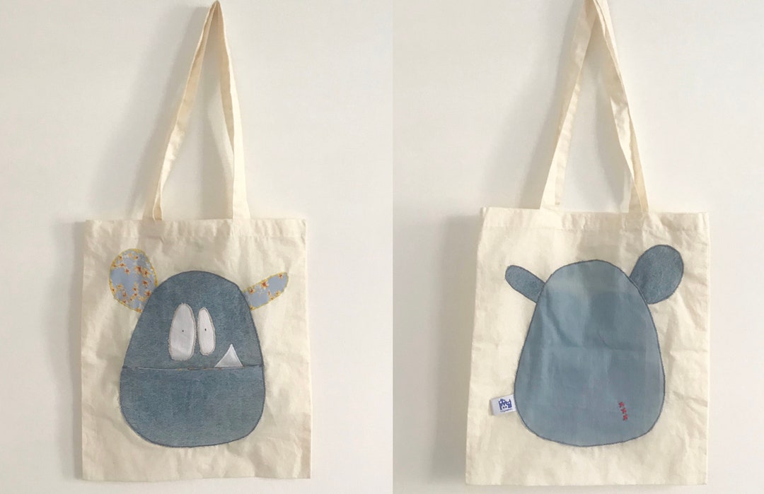 DENIM Tote Bag With Pocket and Snap Button Monster Tote Bag With Mouth