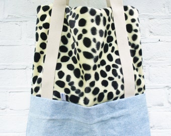 Tote Bag Denim Light Cheetah faux fur sustainable upcycled denim handmade one of a kind bag