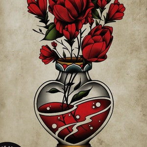 Vase, Roses, Neo-Traditional Tattoo Flash, Old School, Art Print 12x16