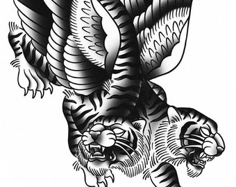 Siamese Winged Tiger, Black and White, Blackwork, Traditional Tattoo Flash, Old School, Art Print, 12x16