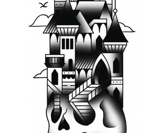 Skull Castle, Traditional Tattoo Flash, Black and White, Old School, Art Print 12x16
