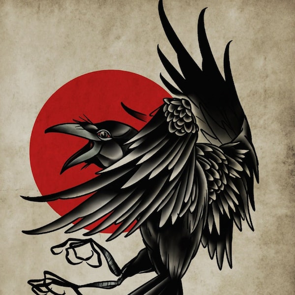 Murder Set : Up High (Print 1), Raven, Crow, Neo-Traditional Tattoo Flash, Old School, Art Print 12x16