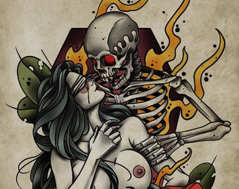 Sweet Embrace of Death, Skull, Love, Neo-Traditional Tattoo Flash, Old School, Art Print 12x16