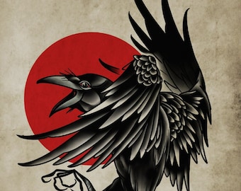 Murder Set: Up High (Print 1), Raven, Crow, Neo-Traditional Tattoo Flash, Old School, Art Print 12x16
