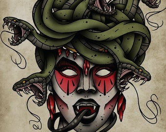 Medusa, Neo-Traditional Tattoo Flash, Old School, Art Print 12x16