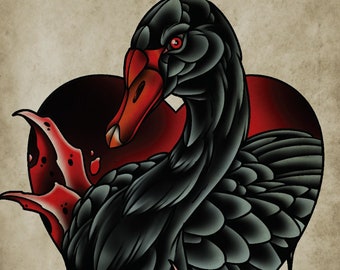 Black Swan, Heart, Neo-Traditional Tattoo, Old School, Art Print 12x16