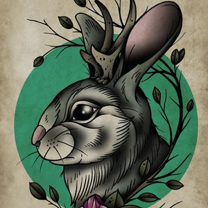Jackalope, Neo-Traditional Tattoo Blitz, Old School, Kunstdruck 12x16