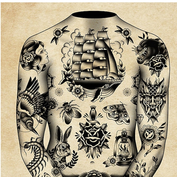 Costume de tatouage traditionnel - bateau, baleine, flash de tatouage traditionnel, vieille école, impression d'art 12 x 16