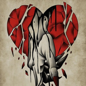 Broken, Heart, Neo-Traditional Tattoo Flash, Old School, Art Print 12x16