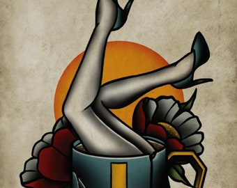 Perk Up, Lady Legs, Coffee Mug, Neo-Traditional Tattoo Flash, Old School, Art Print 12x16