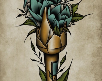 Broken Bottle Blues, Beer Bottle, Floral, Neo-Traditional Tattoo, Old School, Art Print 12x16