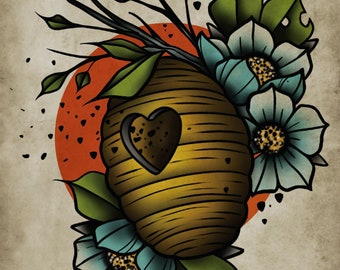 Bzzzz, Bee Hive, Flowers, Neo-Traditional Tattoo Flash, Old School, Art Print 12x16