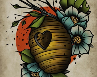 Bzzzz, Colmena de abejas, Flores, Flash de tatuaje neotradicional, Vieja escuela, Impresión de arte 12x16
