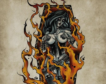 The Fire Still Burns, Coffin, Flames, Neo-Traditional Tattoo Flash, Old School, Art Print 12x16