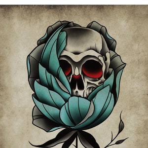 Doom In Bloom, Rose, Skull, Neo-Traditional Tattoo Flash, Old School, Art Print 12x16