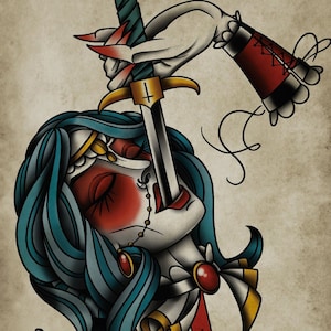 May include: A traditional tattoo style illustration of a woman with blue hair holding a dagger to her throat. The woman is wearing a red and white collar and a red and white sleeve. The background is a vintage-style parchment.