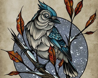 Winter Blues, Bluejay, Neo-Traditional Tattoo Flash, Old School, Art Print 12x16