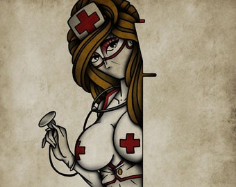 Hello Nurse, Neo-Traditional Tattoo Flash, Old School, Art Print 12x16